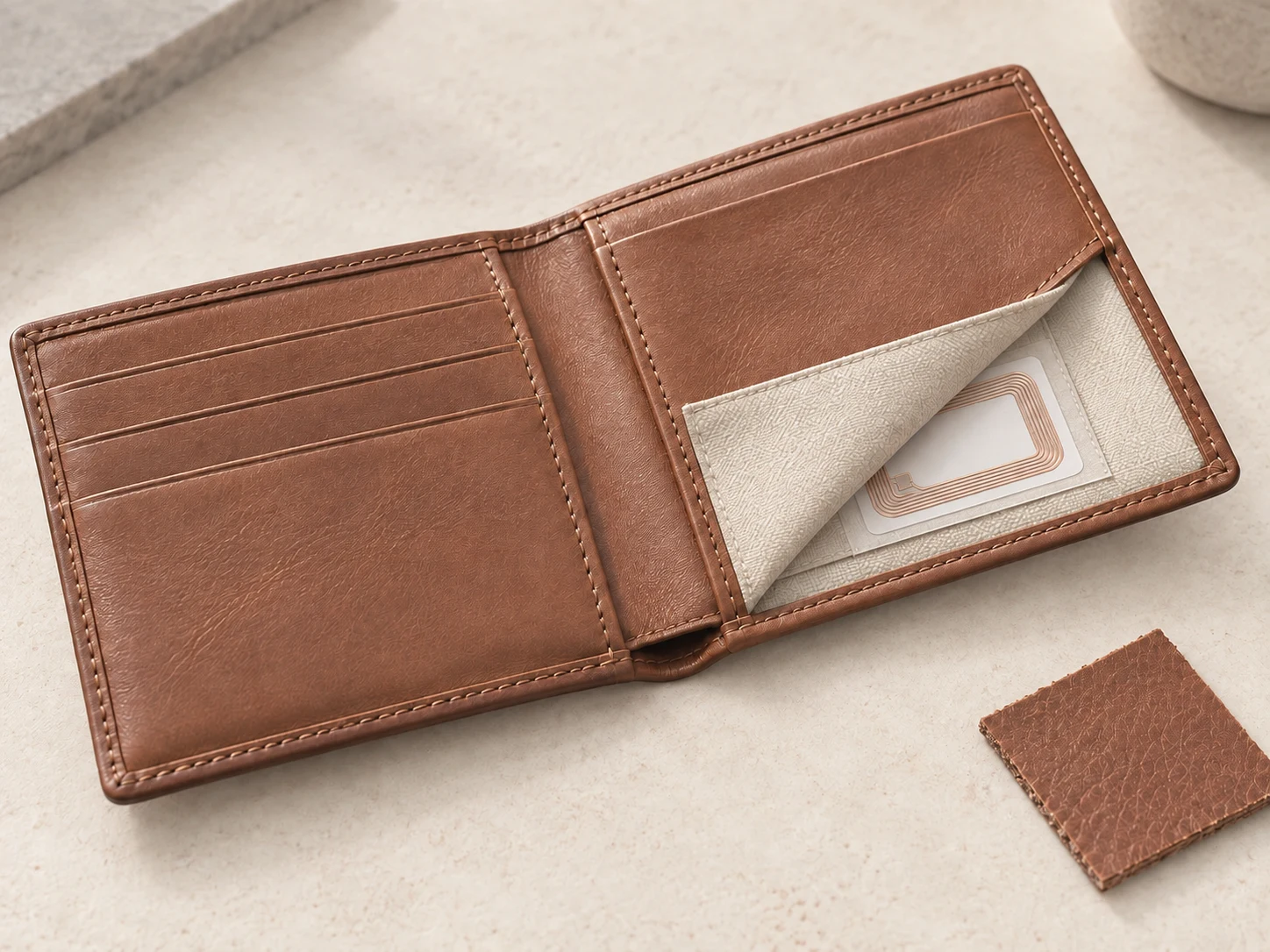 Concept illustration of a leather wallet with its lining folded back to show a thin RFID inlay inside