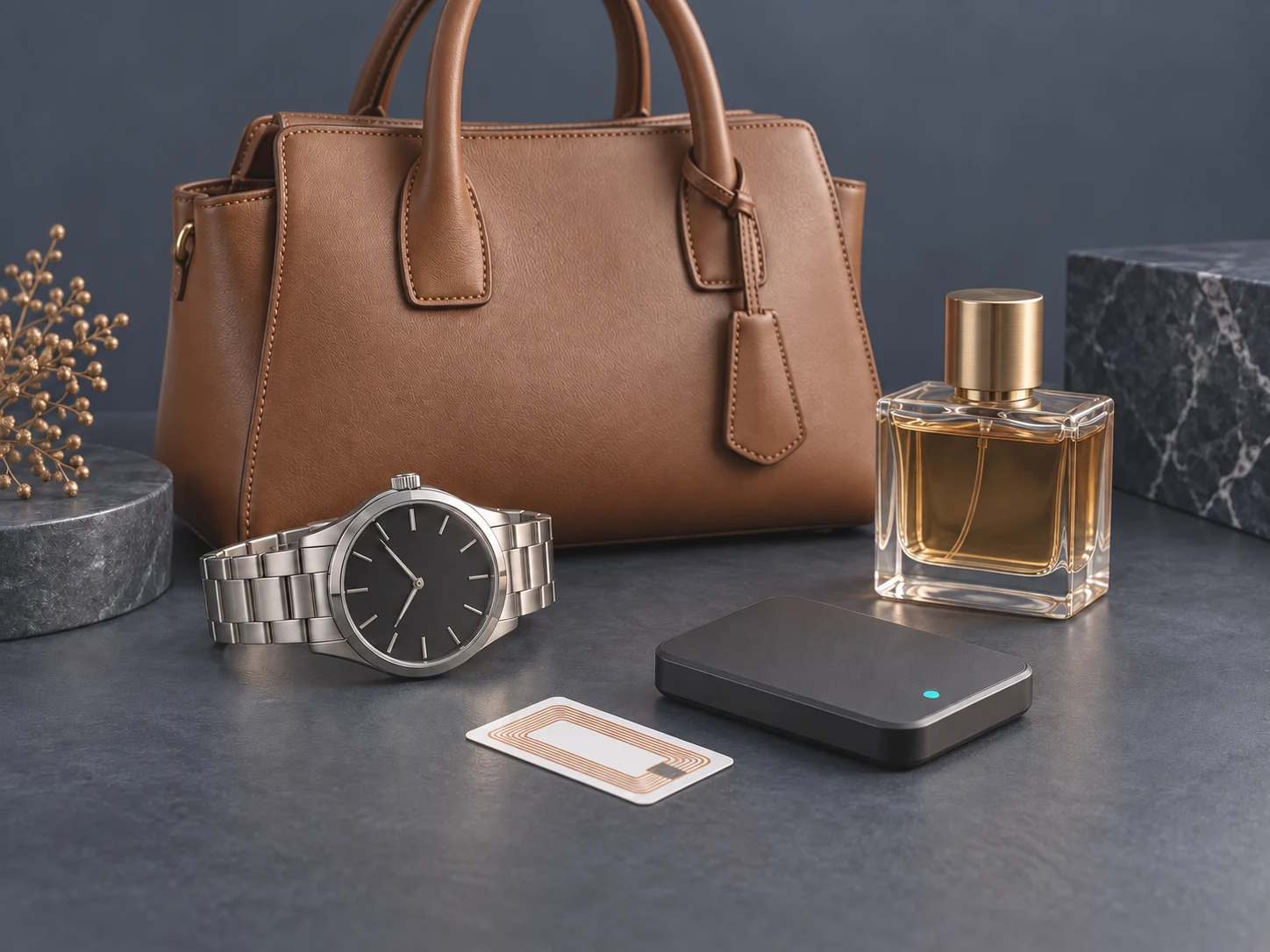 Concept illustration of premium retail products with an RFID tag and reader for product authentication