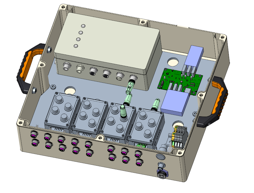 CAD model of an open electronics enclosure showing internal components, connectors, and carrying handles