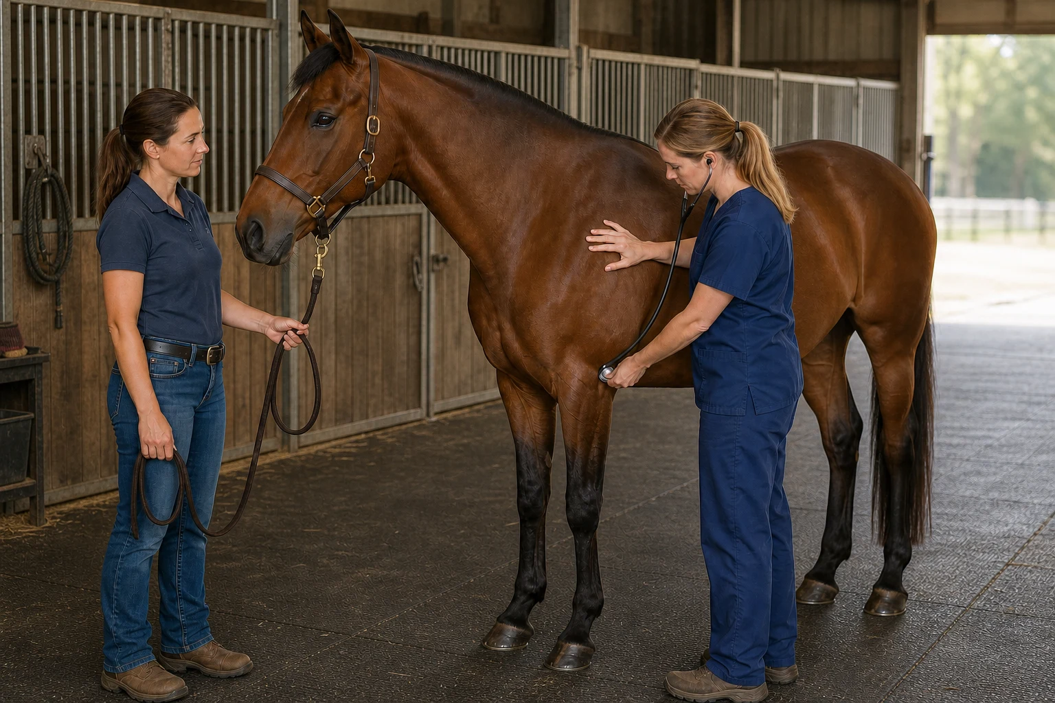 Equine veterinarian listening to a horse's heart while a handler holds a slack lead