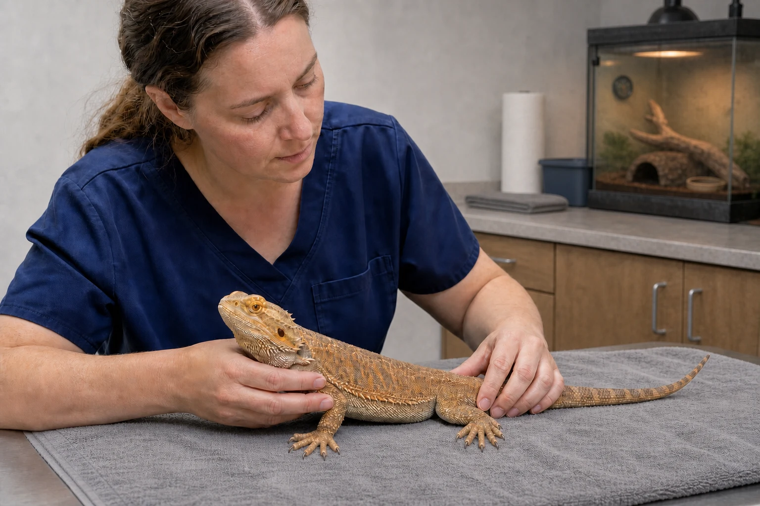 Exotics veterinarian performing a gentle physical examination on a calm bearded dragon