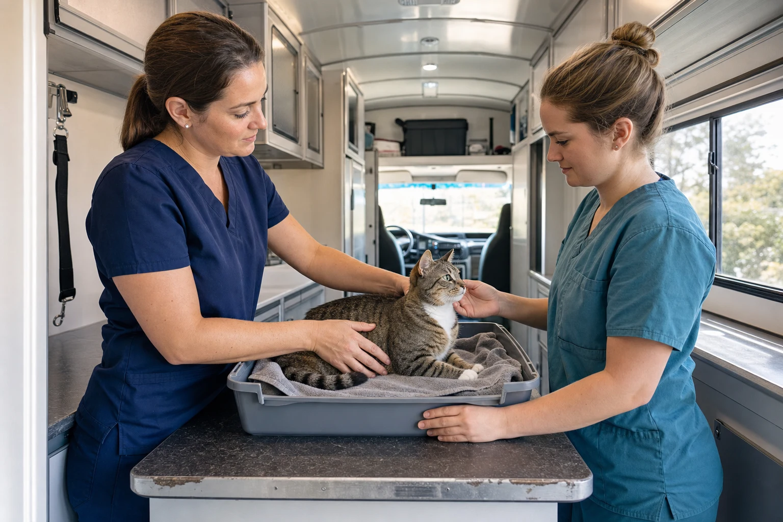 Mobile veterinary team performing a gentle physical examination on a calm cat in its carrier base