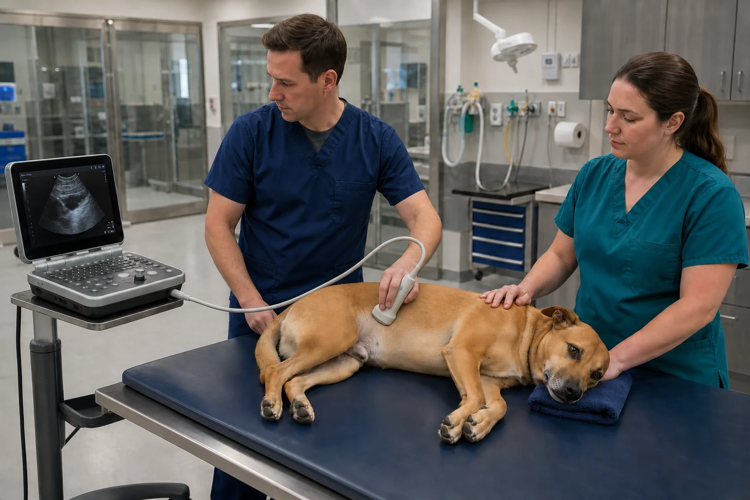 Specialty veterinary team performing a point-of-care ultrasound on a calm dog