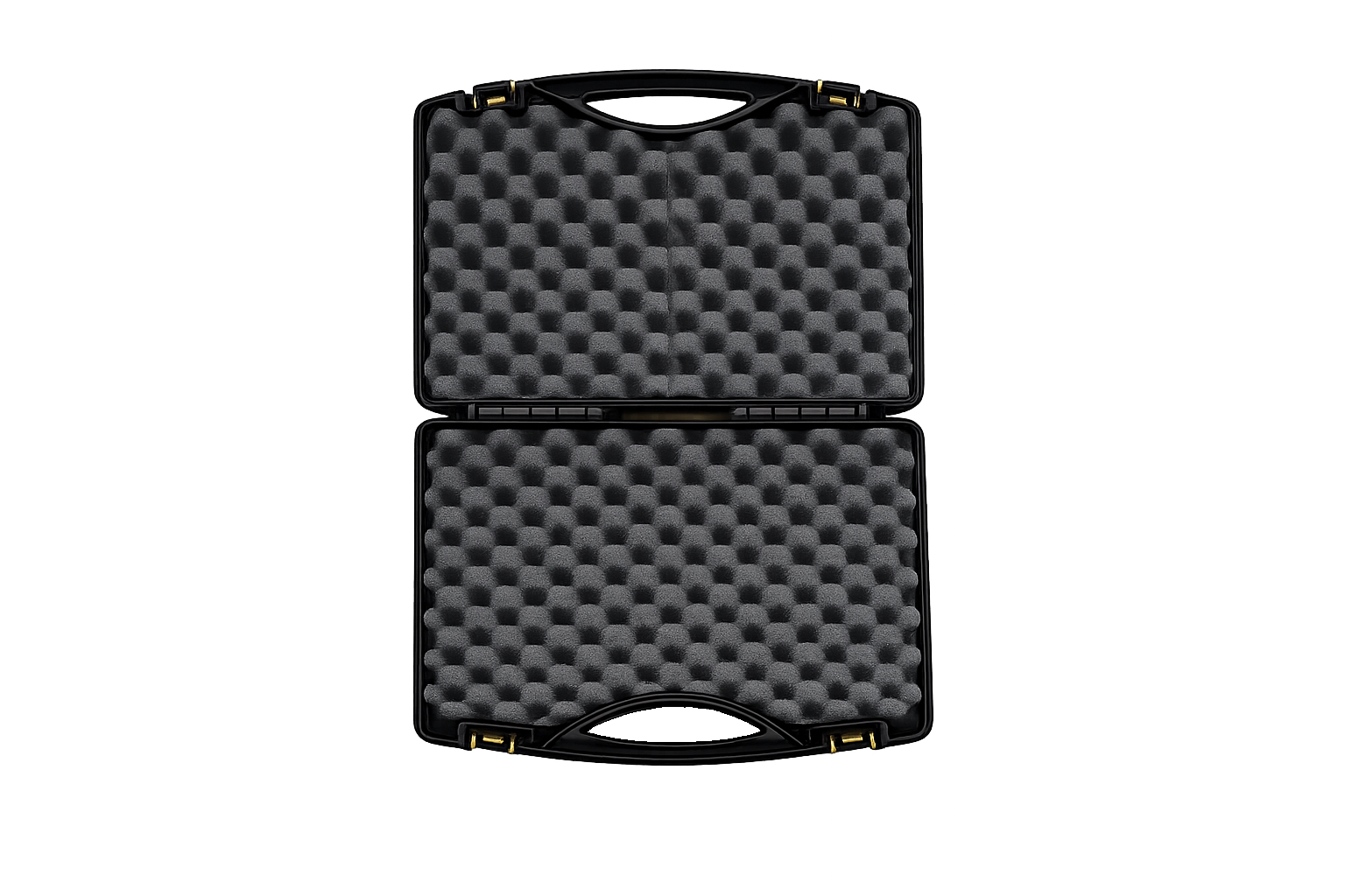 Black hard-shell carrying case, open to show protective foam lining both halves, twin latches, and a molded carry handle