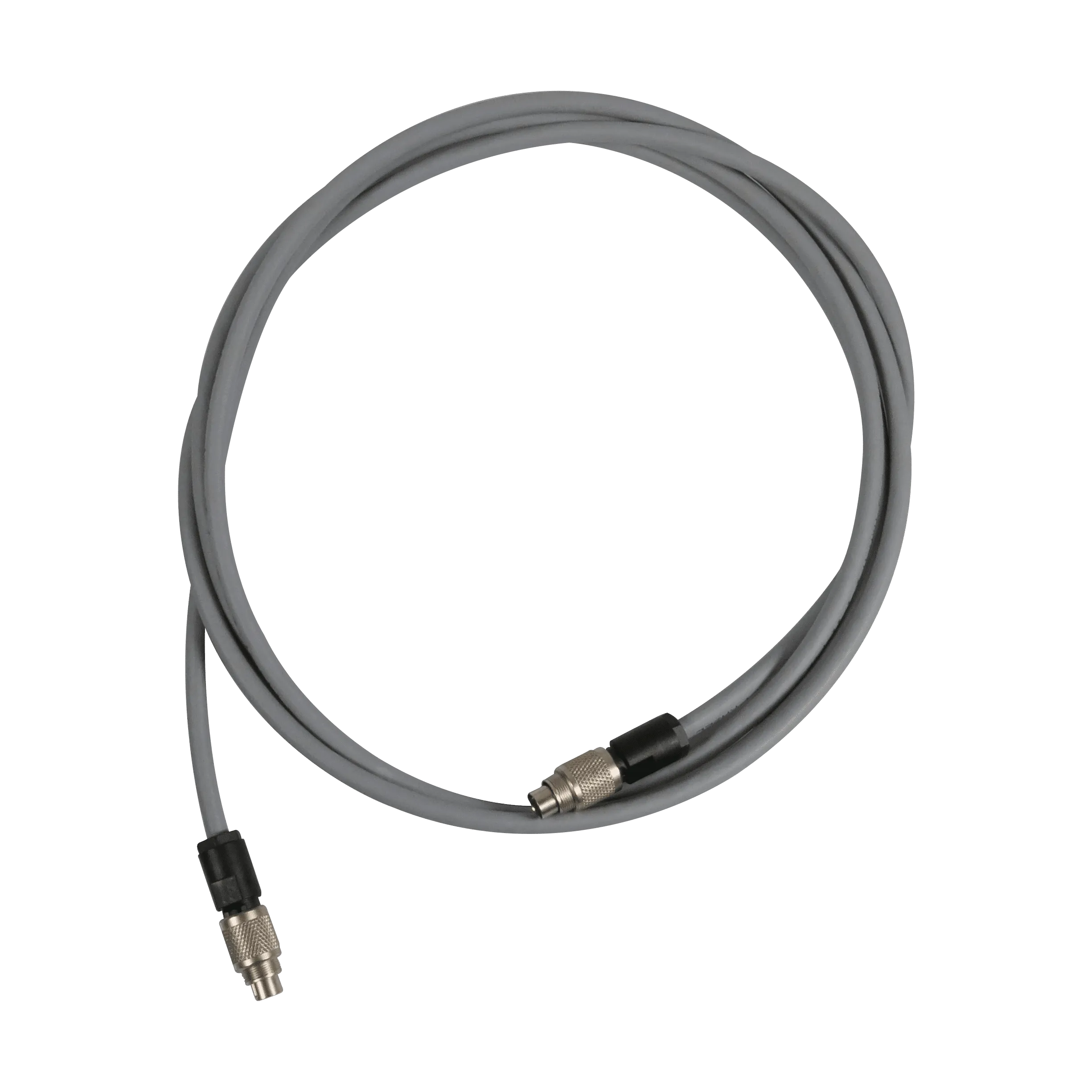 Coiled gray UID antenna cable with a threaded male connector on each end