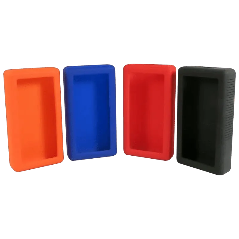 Soft silicone protective cases for the URH 1-series handheld reader, in black, red, blue, and orange
