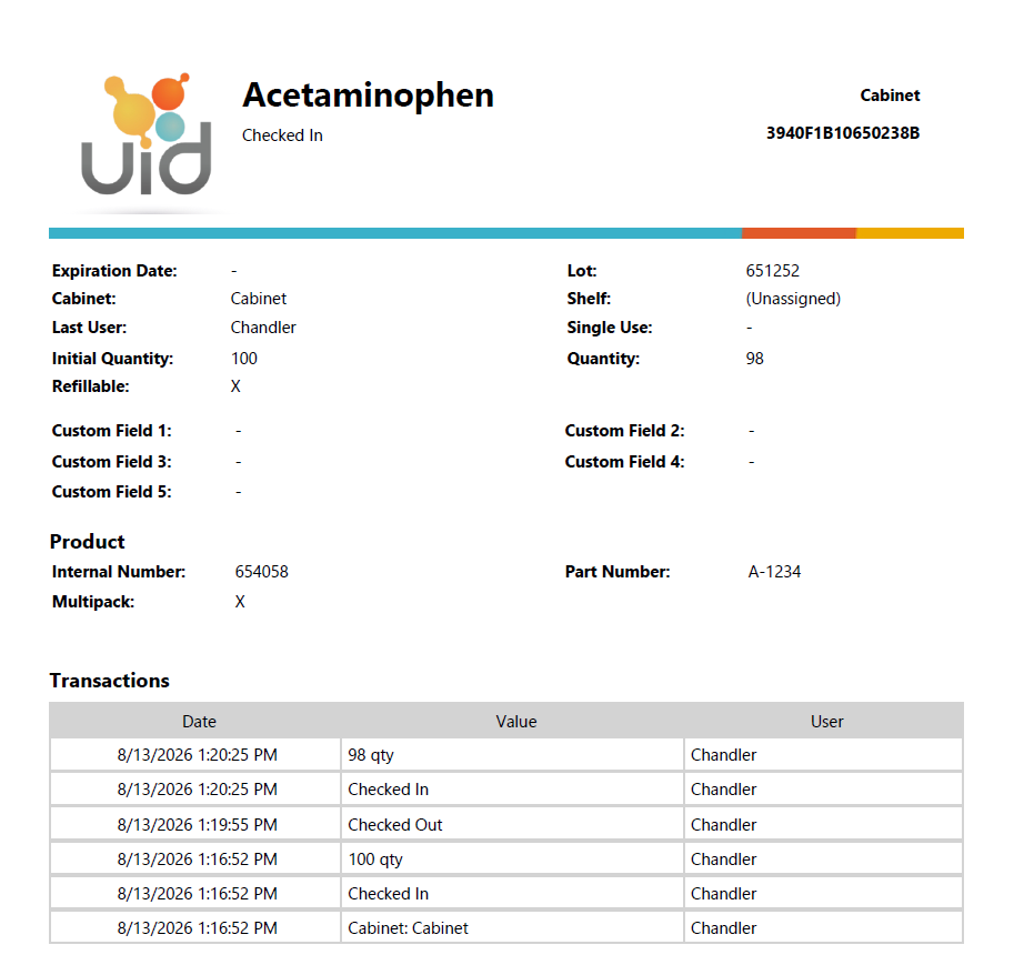 CSI-360 cabinet report showing item details, quantities, times, and the user for each transaction