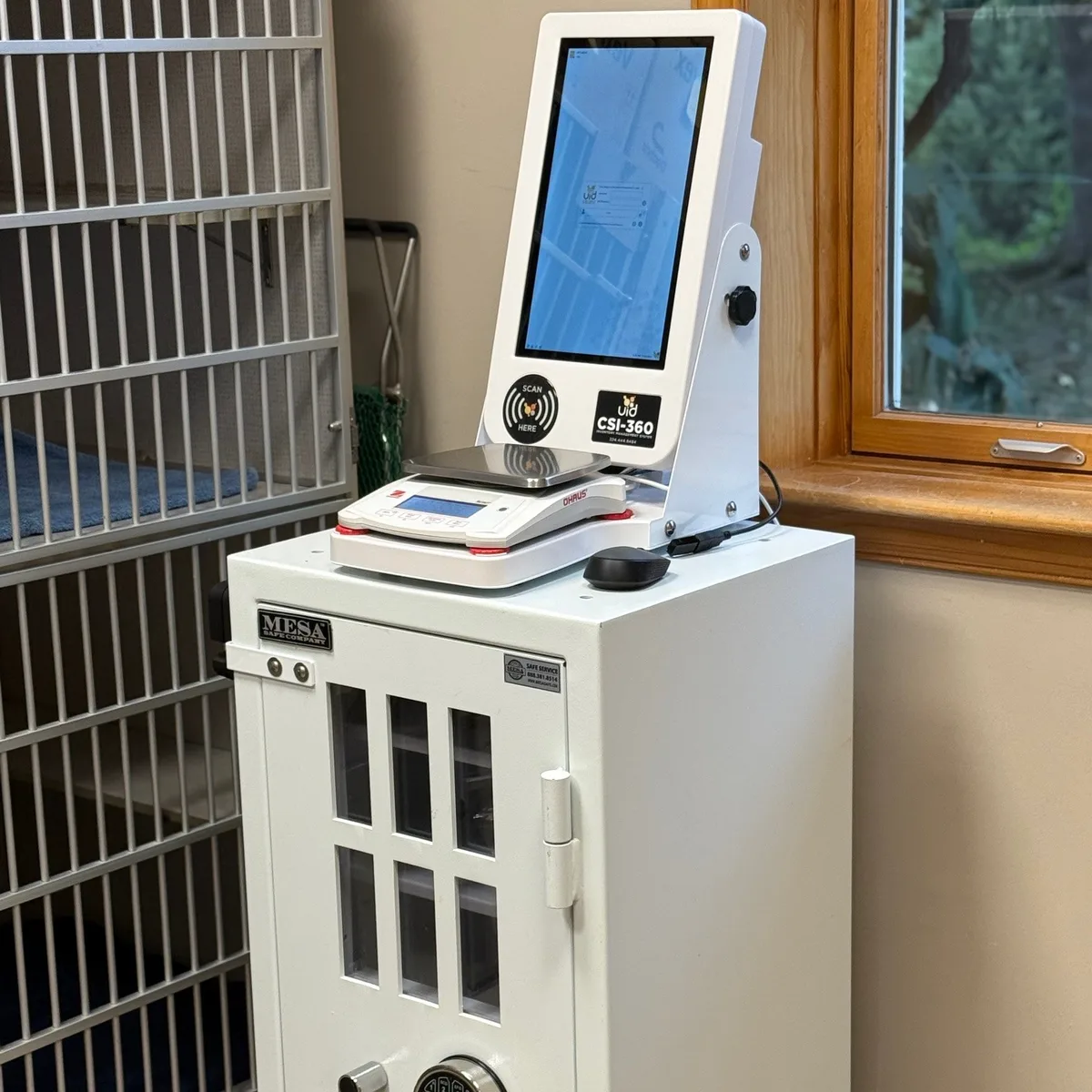 CSI-360 kiosk and digital scale installed on a controlled-substance safe in a veterinary clinic
