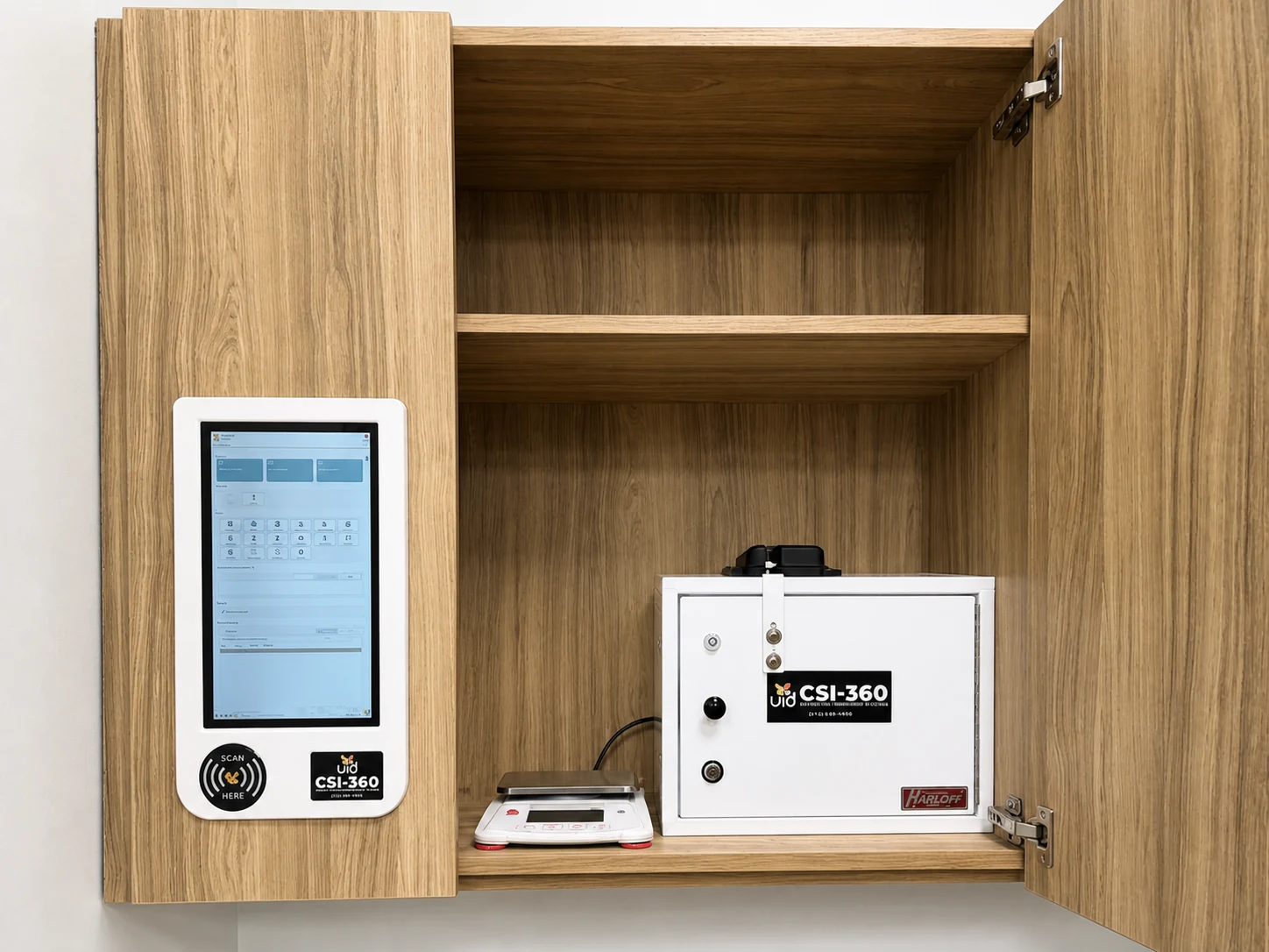CSI-360 touchscreen, digital scale, and white controlled-substance cabinet contained inside an open wooden wall cabinet