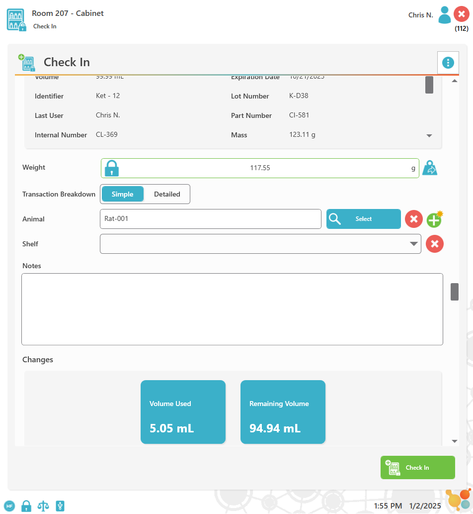 CSI-360 item check-in screen with animal selection and transaction fields