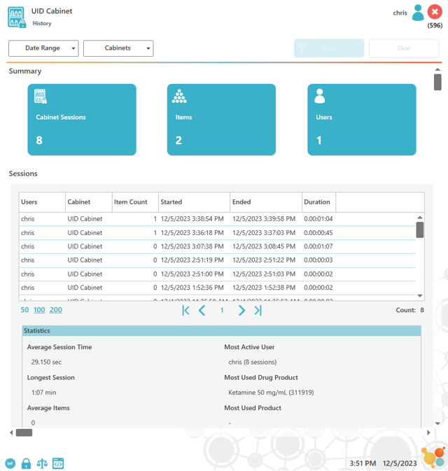 CSI-360 history screen showing cabinet sessions, users, session times, and summary statistics.