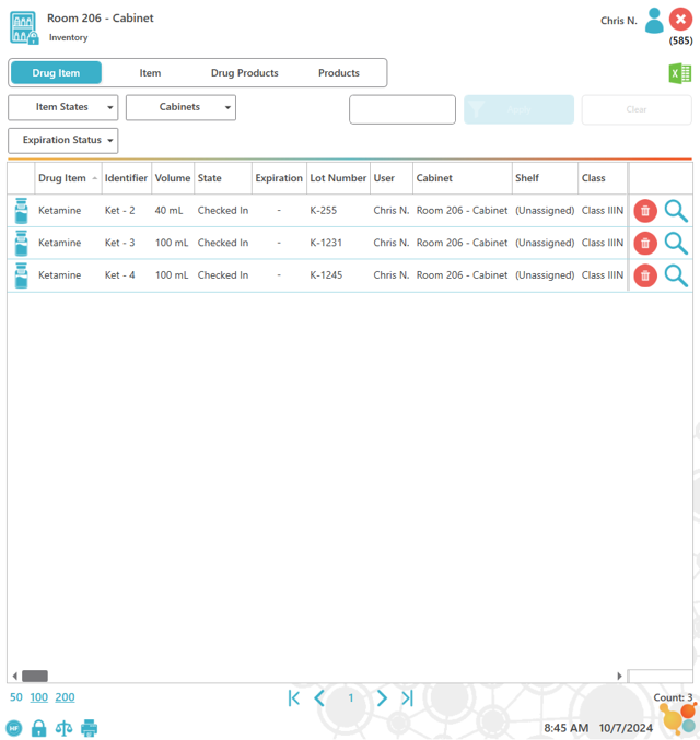 CSI-360 inventory screen showing Ketamine containers, filters, status, expiration dates, users, and cabinet locations.