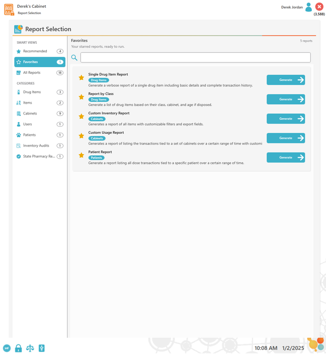 CSI-360 report selection screen showing saved reports, report categories, and Generate buttons.