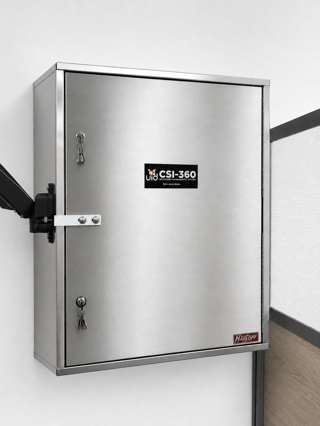Wall-mounted stainless steel CSI-360 cabinet showing its enclosure depth and electronic secondary lock