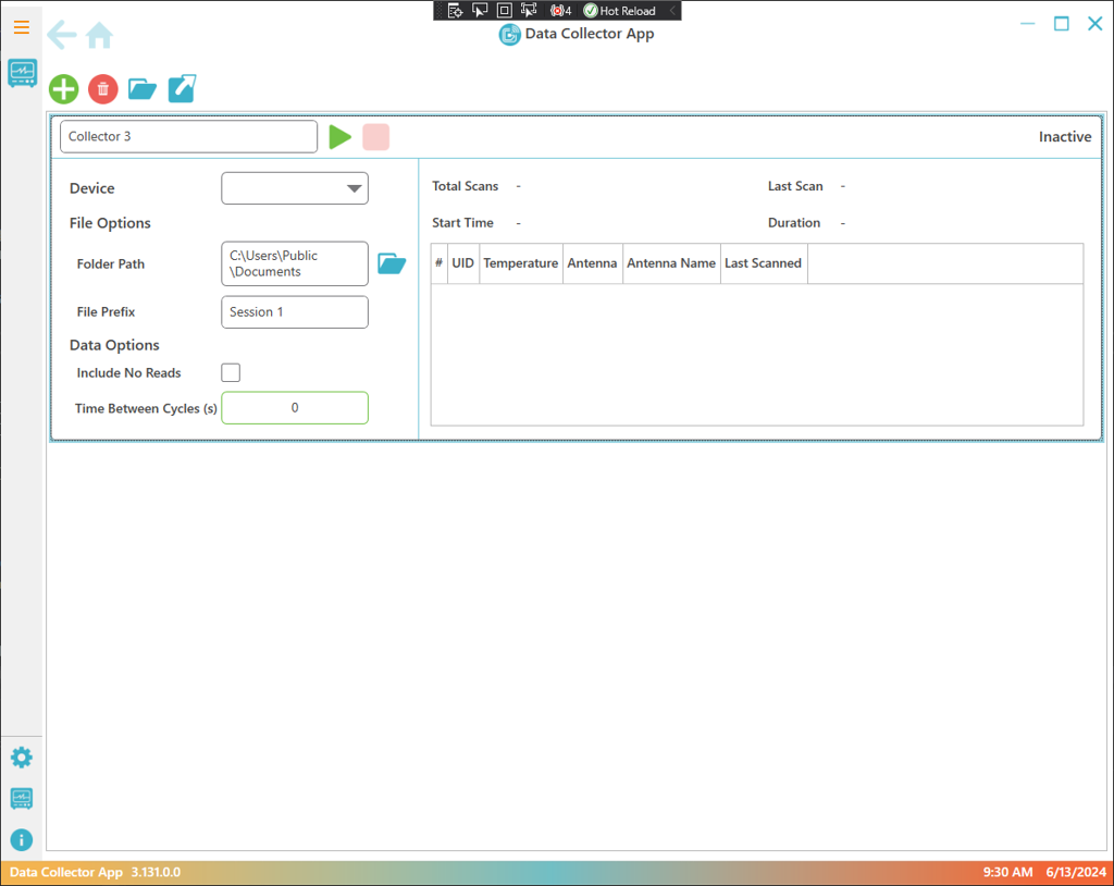 DataCollector session configuration panel showing device selection, output folder and file prefix fields, a no-read toggle, and a time-between-cycles polling field