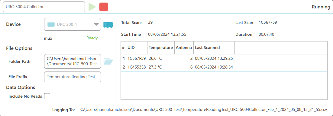 DataCollector mid-run, logging each scan with its temperature reading