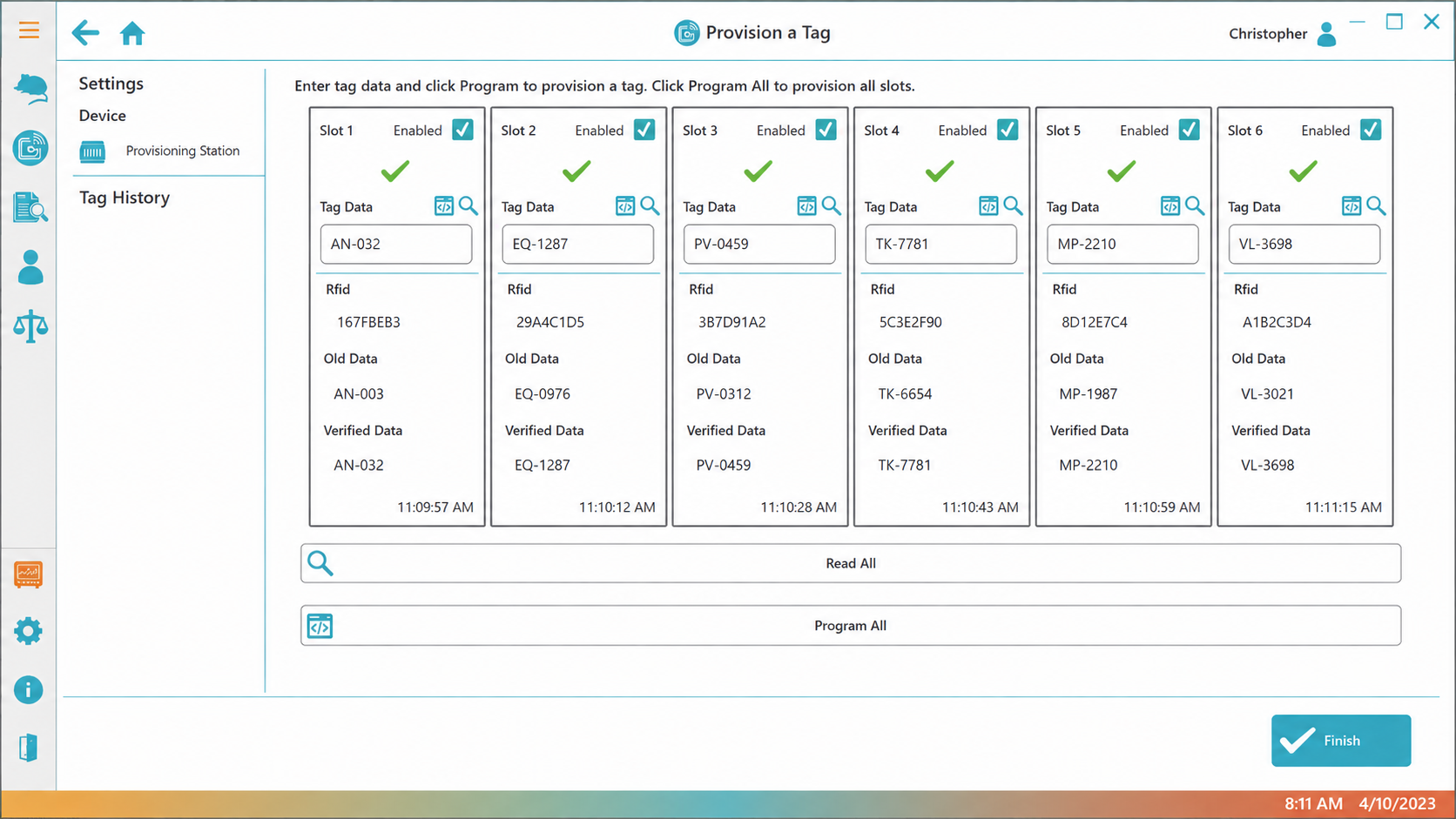 PiSuite provision a tag screen with six programming slots