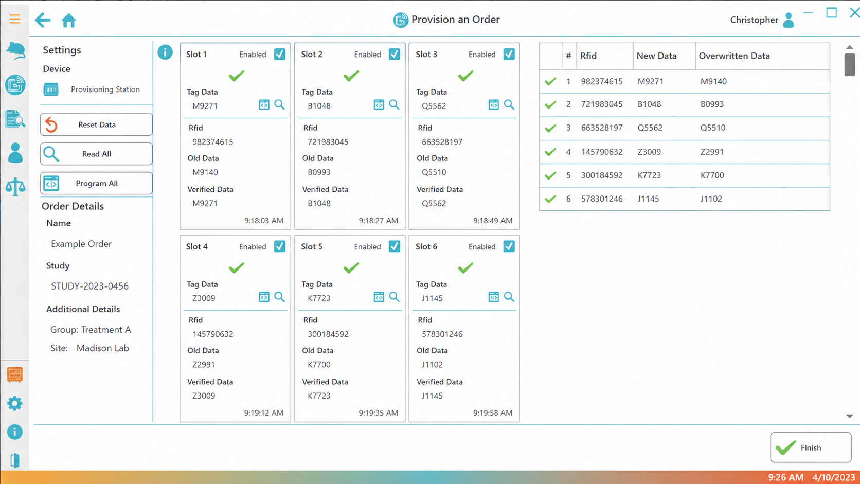 PiSuite Provision an Order screen with six tag slots showing old, new, and verified data, plus an order-level RFID change log