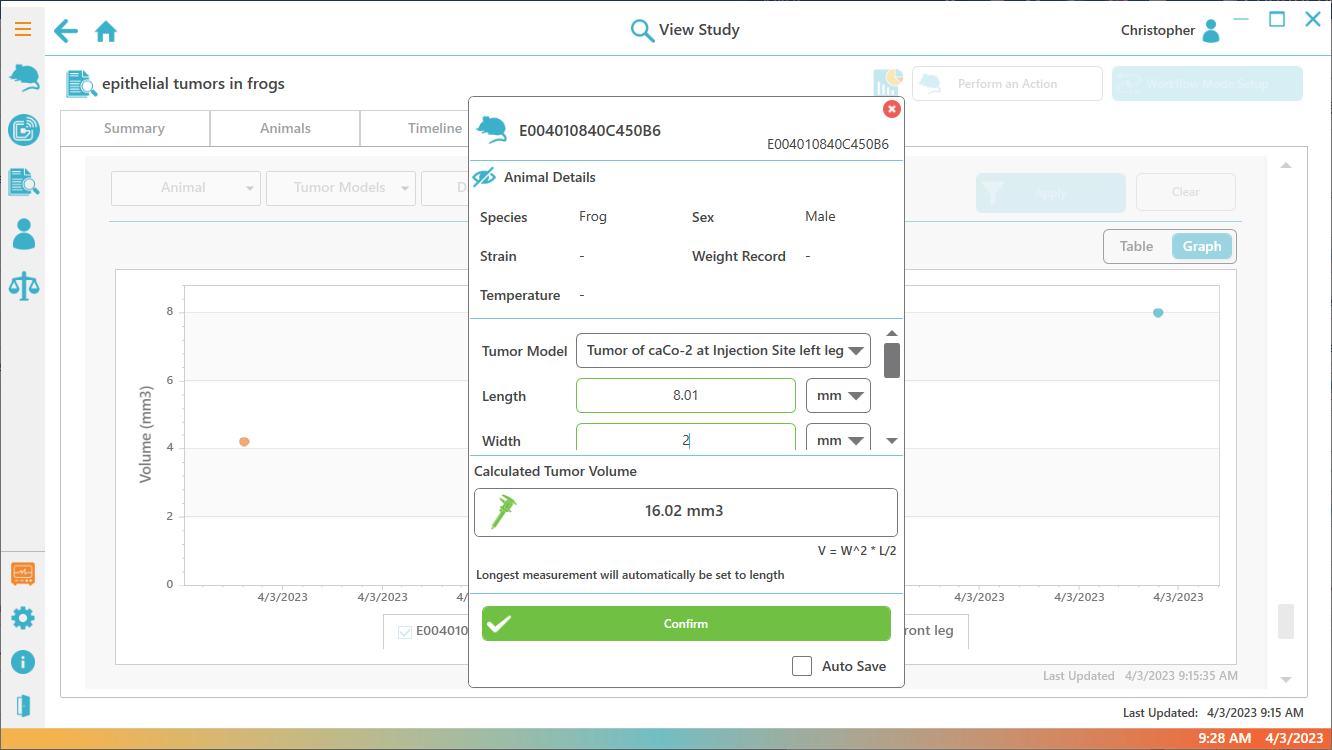PiSuite tumor measurement dialog calculating volume from length and width