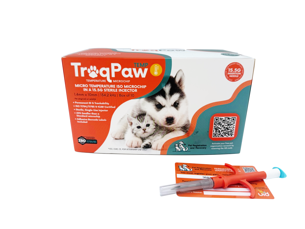 TraqPaw Mini Temperature box with a single-use injector and registration card