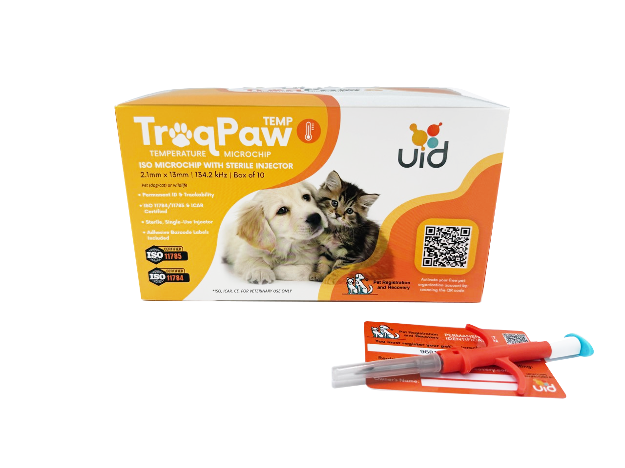 TraqPaw Temperature box with a single-use injector and registration card