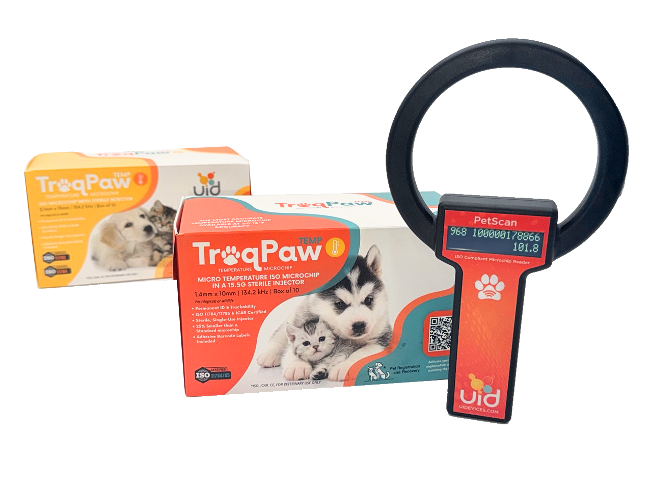 TraqPaw Temperature and TraqPaw Mini Temperature boxes beside a PetScan URH-2-ISO reader displaying ID and temperature
