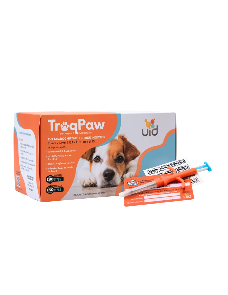 TraqPaw microchip box, injector, registration card, and barcode labels