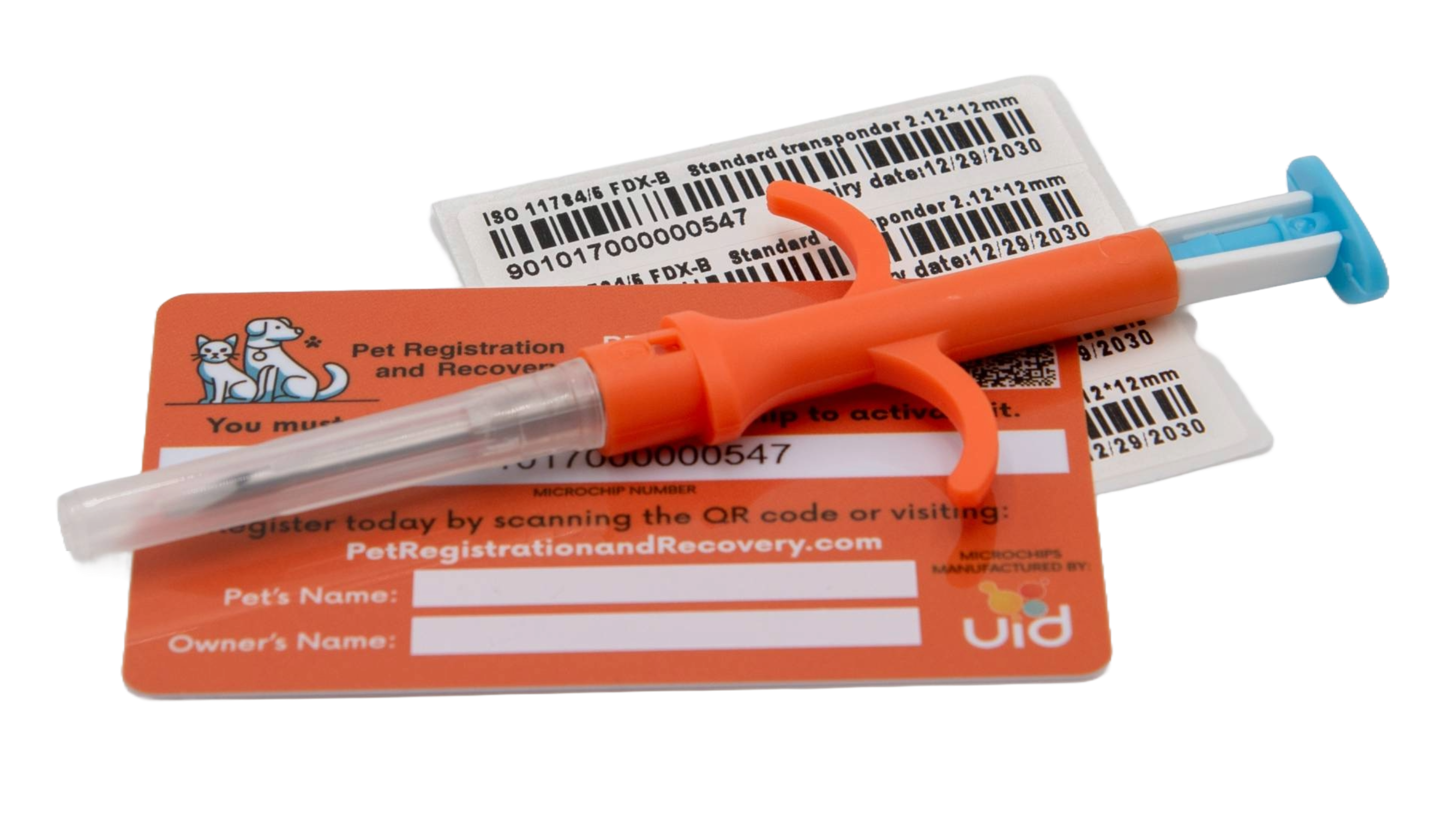TraqPaw injector with registration card and adhesive barcode labels