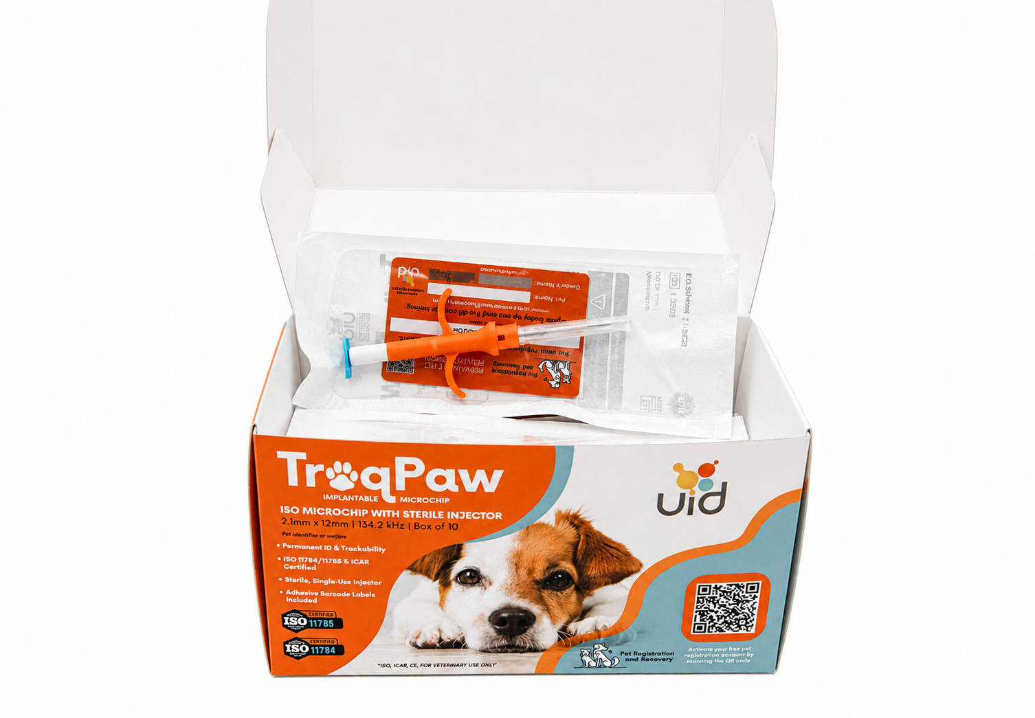 Open TraqPaw box containing individually sealed microchips in single-use injectors