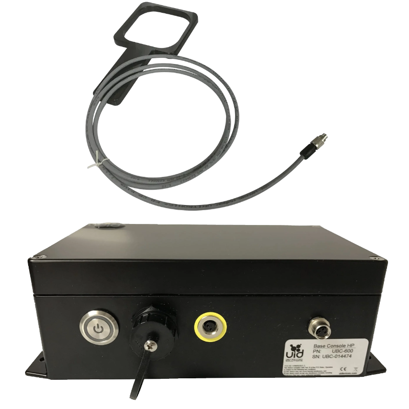 UBC-600 console reader shown with its attachable square antenna wand and 6' cable
