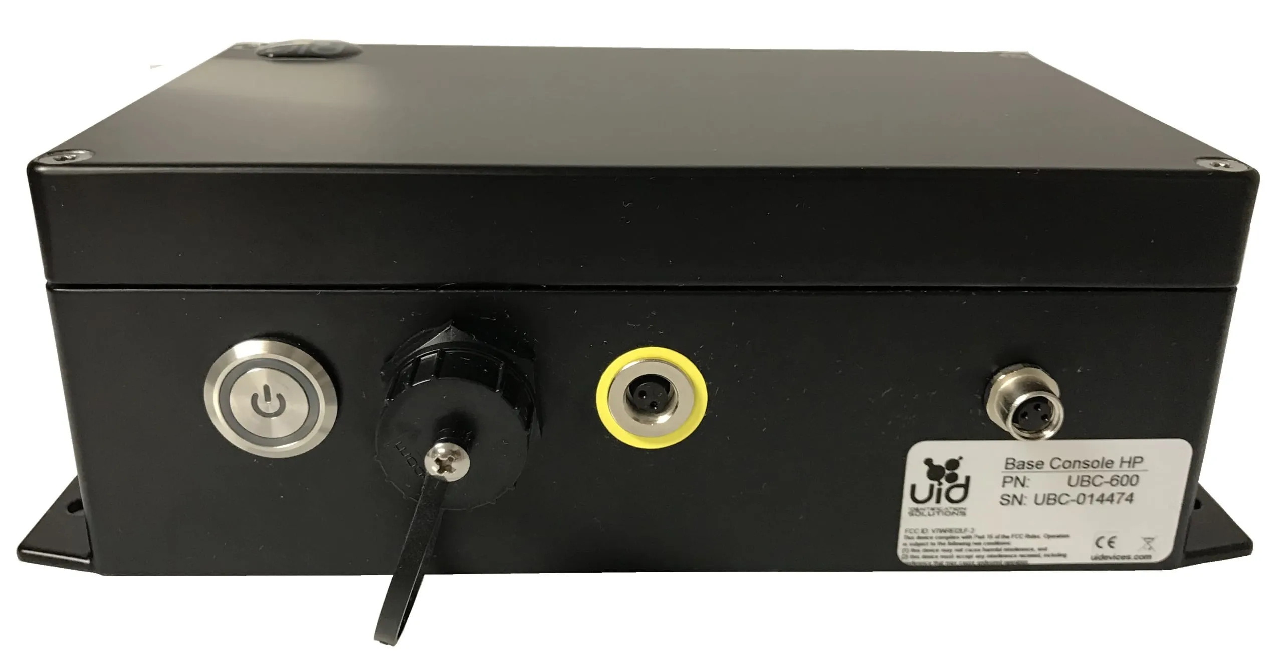 Front panel of the UBC-600 Base Console Reader with power button and antenna ports