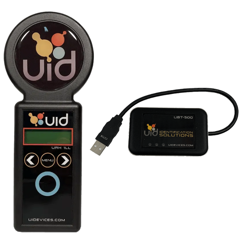 URH-1HP handheld reader alongside the UBT-500 Bluetooth dongle
