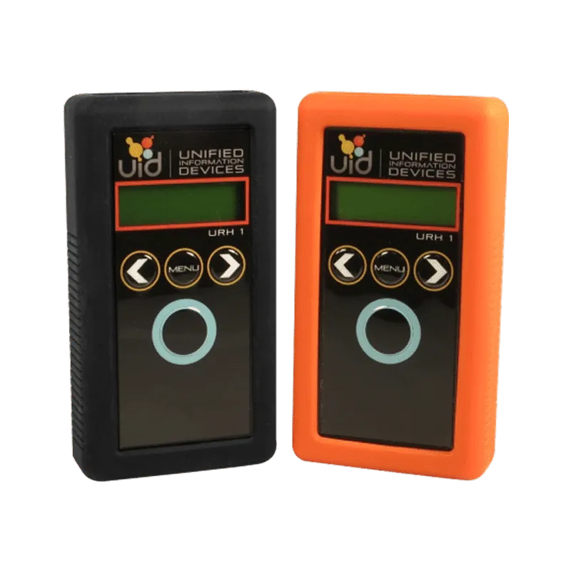 Two URH-1L handheld readers in black and orange silicone cases