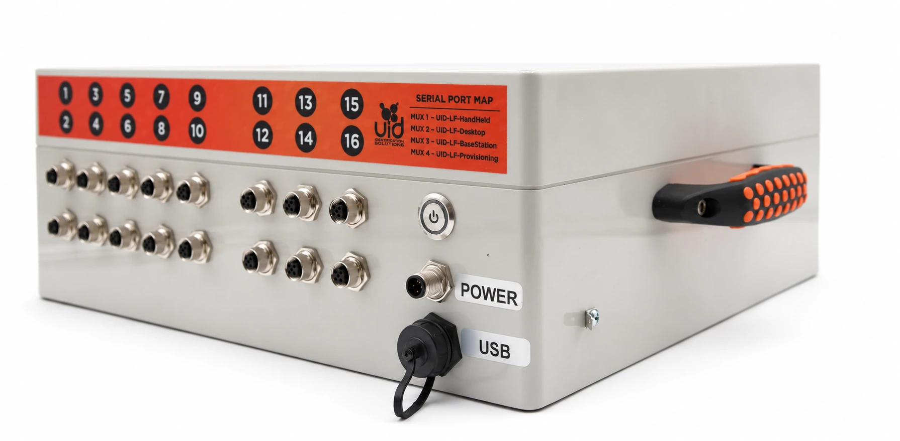 Angled view of the Critter Tracker controller with sixteen numbered antenna connections