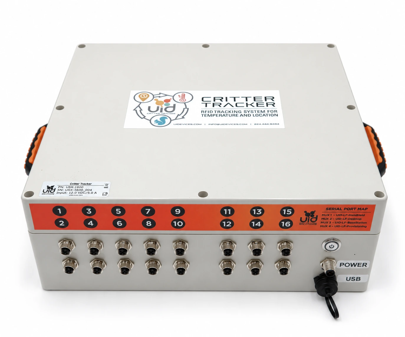 Critter Tracker controller with sixteen numbered antenna ports, power connection, and USB port