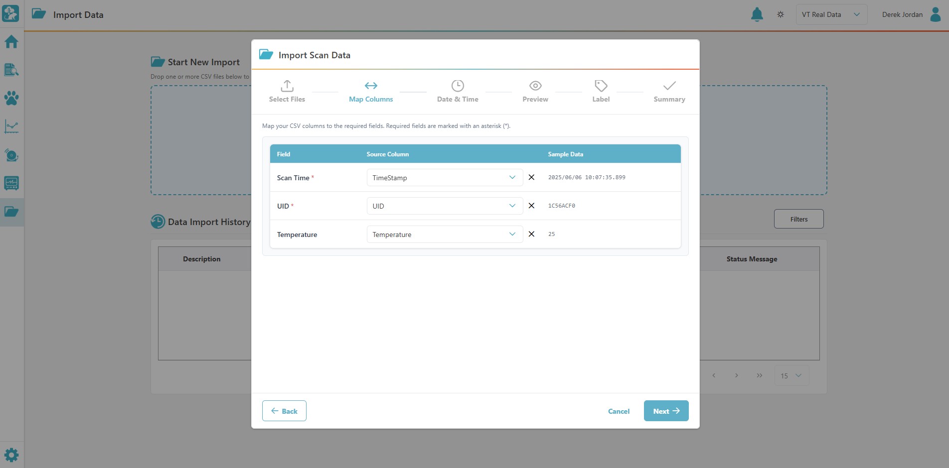 VivoTraq CSV scan import wizard