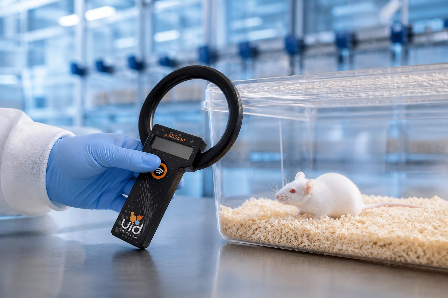 Animal-care technician using a UID circular-loop RFID reader to scan a mouse while it remains in its home cage