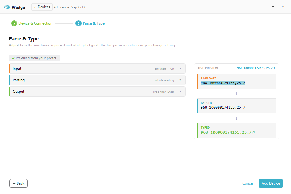 Wedge live preview showing a reading parsed and typed