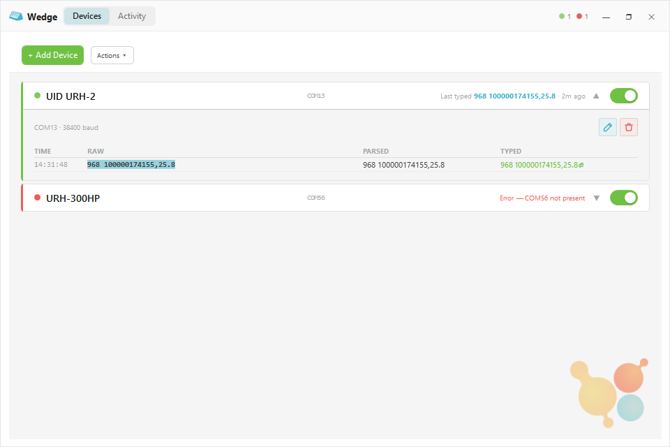 Wedge devices screen listing configured serial devices